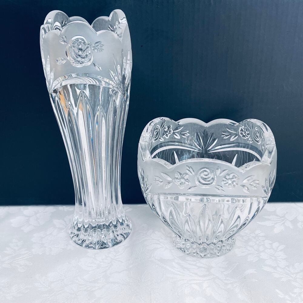 Vtg Oneida Crystal Southern Gardens Bud Vase Candy Dish Bowl Germany Floral Moti